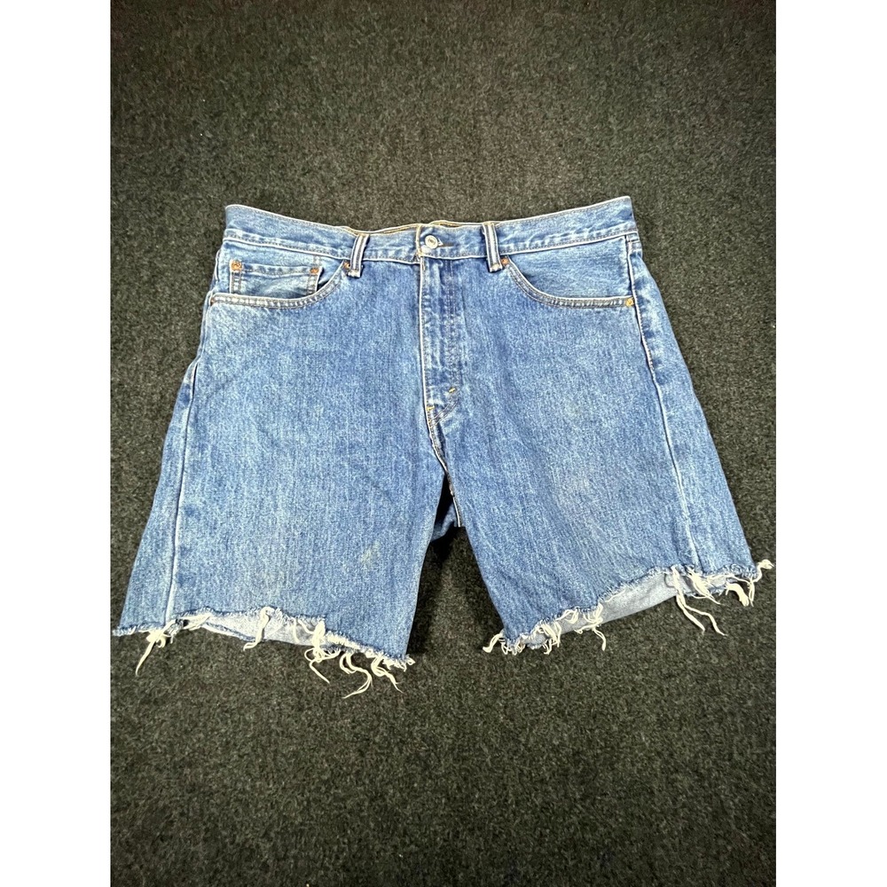 Y2K Levi's 505 Cutoff Jean Shorts Mens 38 Blue Denim Distressed Frayed Raw Hem